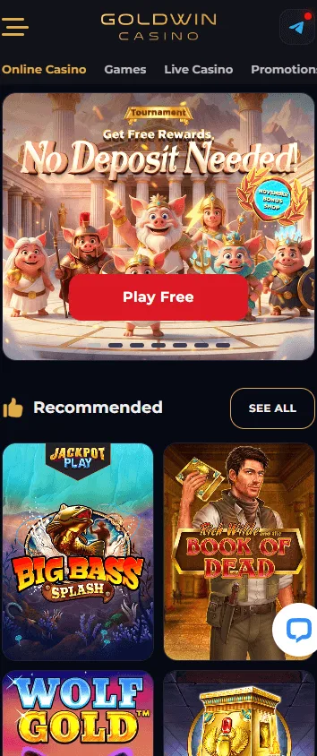 Goldwin Casino home interface on mobile