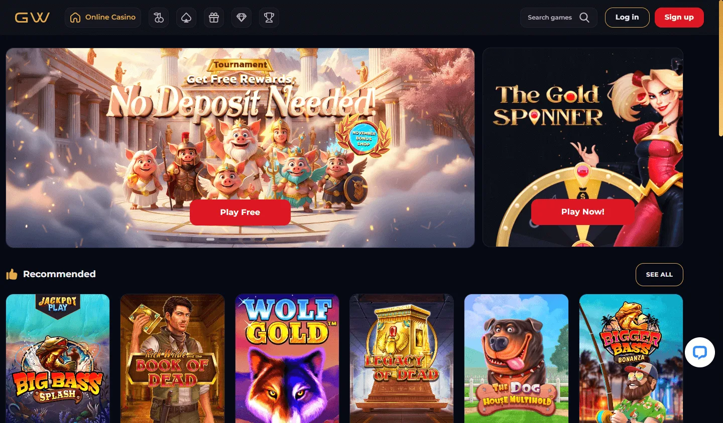 Goldwin Casino home interface on desktop