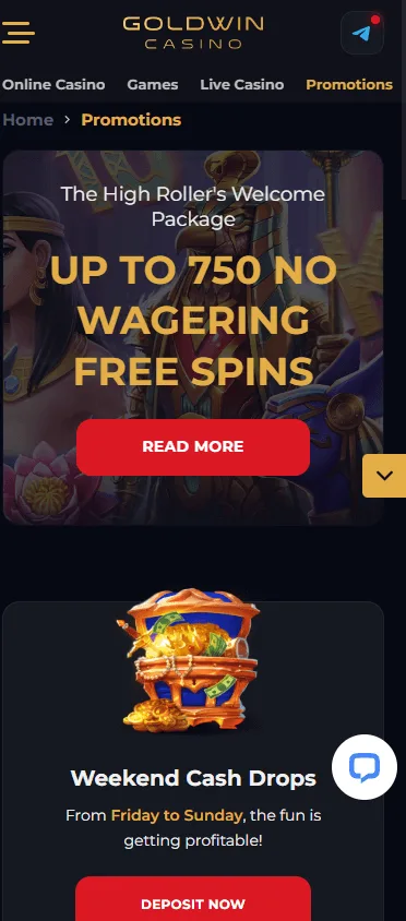 Goldwin Casino promotions interface on mobile