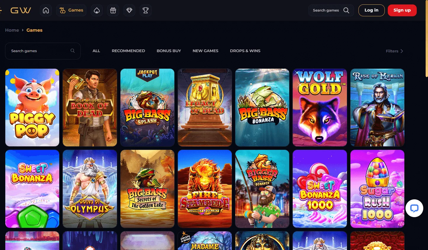 Goldwin Casino games interface on desktop