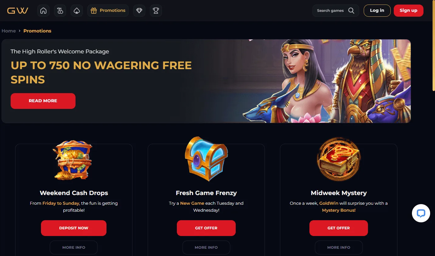 Goldwin Casino promotions interface on desktop